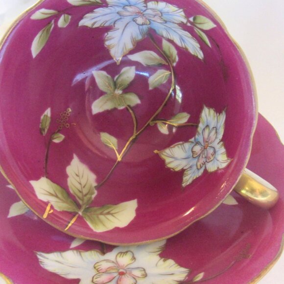 Shofu Occupied Japan Tea Cup and Saucer Hand Painted Blue Floral on Magenat I248 - Picture 2 of 9